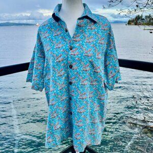 Kahala Avi Kiriaty Collection Aloha Shirt Blue w Outrigger Canoe and Fish Print